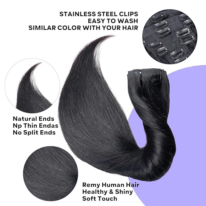 Seamless Clip In Hair Extensions Real Human Hair Straight 8Pcs 120g Hair Extensions Clip In Brazilian Human Hair Extensions PU Skin Weft with 18Clips 22inch Natural Black