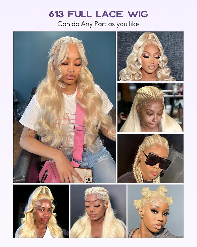 Real Full Lace Human Hair Wigs 613 Lace Front Wig Human Hair 180 Density Body Wave HD Full Lace Blonde Wig Plucked Bleached Knots Breathable Full Scalp Wig for Women 28Inch