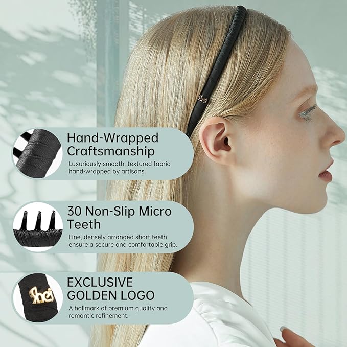 SHE'S FREE STYLE JUST FOR YOU Upgraded Classic Thin Headbands for Women, Non-Slip Polyester & Plastic Hair Bands with Teeth for Strong Hold Grip, Durable Hair Accessories (Gold-K0, Upgrade)