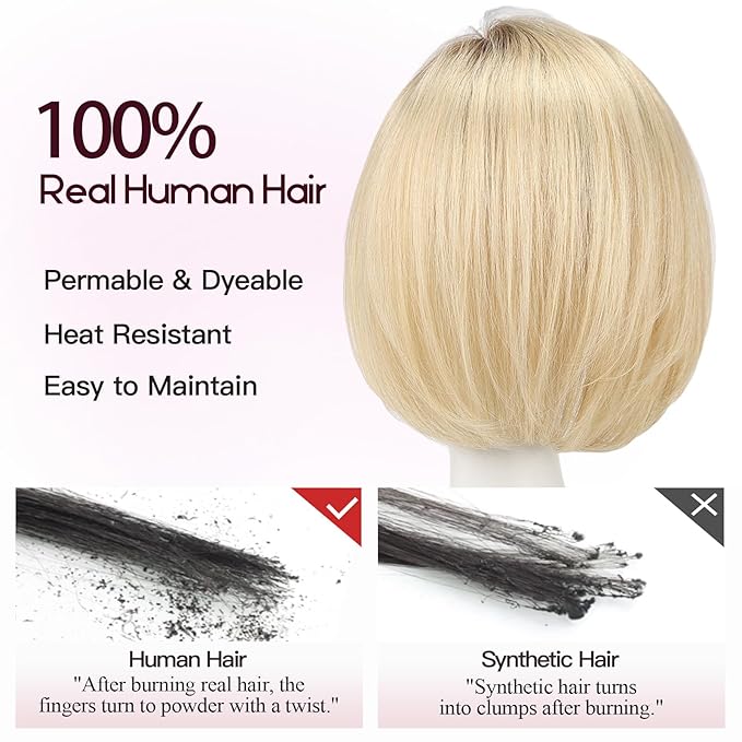EMMOR Human Hair Toppers for Women Short Bob Real Hair with Bangs 10" Side Part Hairpieces for Women with Thin Hair 6.5" × 6.5" Larger Base Human Wig Toppers(Ombre Light Blonde)