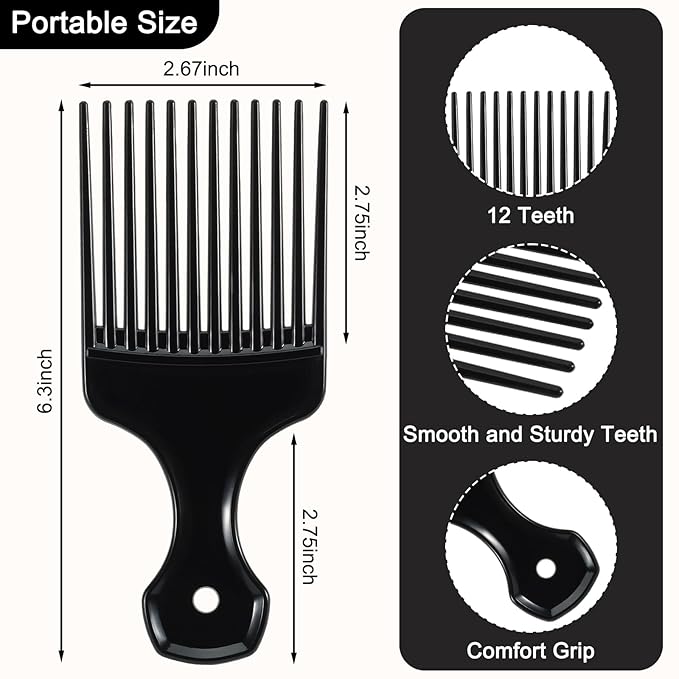 2 Pcs Hair Pick Comb Wide Tooth Lift for Hair Styling Detangling Plastic Afro Comb for Women Men (Black, Blue)