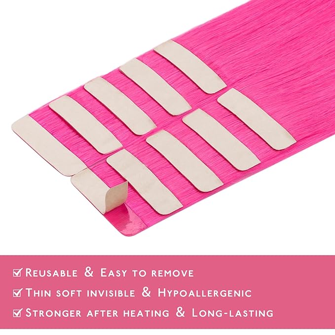 WENNALIFE Tape in Hair Extensions Human Hair Hot Pink Tape in Extensions, 10pcs 25g 16 inch Remy Invisible Tape Ins Straight Colored Soft Real Human Hair Tape in Extensions Refill Set Extensions