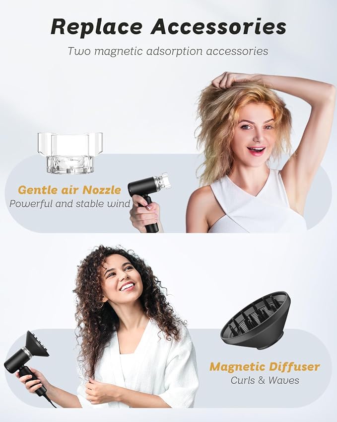 Dual Voltage Travel Hair Dryer, 1500W High-Speed Ionic Hair Dryers with Magnetic Curly Diffuser, Fast Drying, Lightweight Compact Portable Blow Dryer, No Heat Damage Gift Women,Quiet,European 110-240V