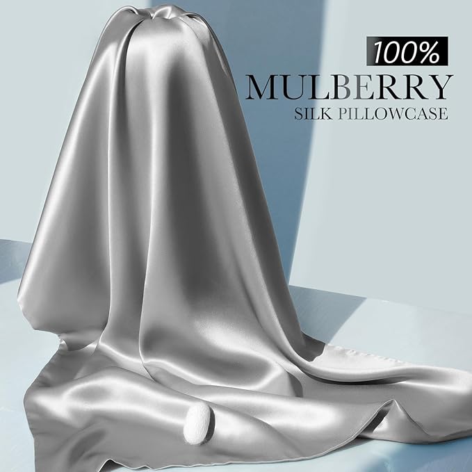 100% Mulberry Silk Pillowcase for Hair and Skin, 22 Momme Pure Natural Silk Pillow Case Both Sided with Zipper, Pillow Cover for Women Mom Men (Silver Grey, Standard 20''×26'', 1 Pack)