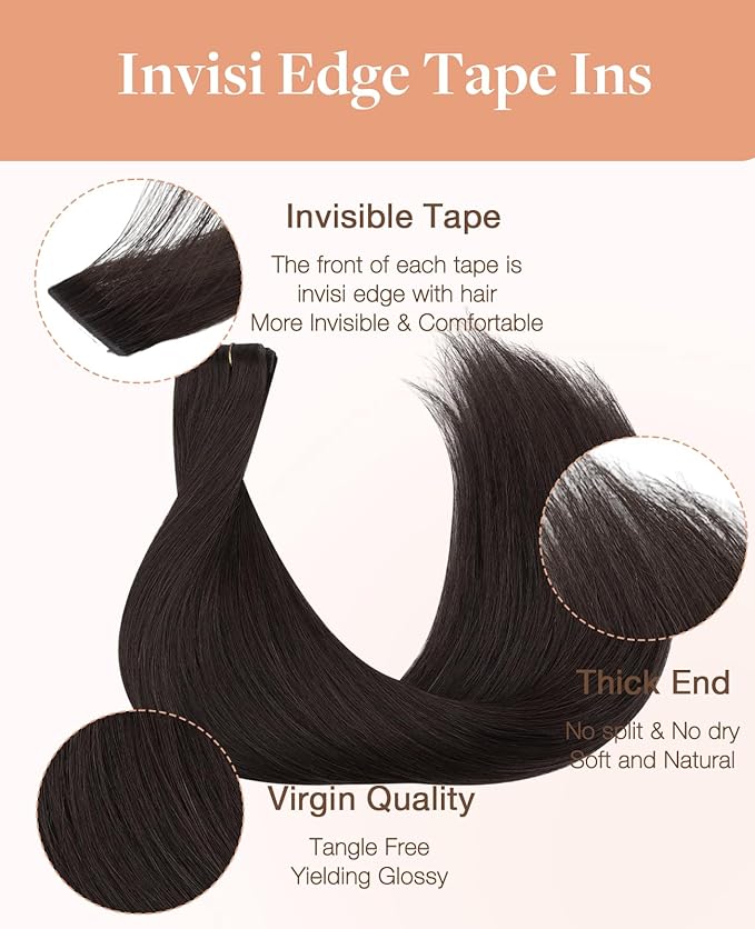 GOO GOO Invisi Edge Tape in Hair Extensions Human Hair, 2 Dark Brown, 6pcs 16inch 15g, Virgin Remy Hair, Seamless Injected Tape, Natural Look