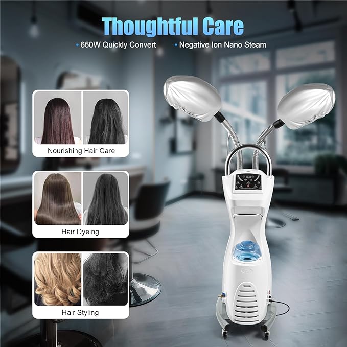 Standing Hair Steamer for Deep Conditioning, 7 in 1 Nano Ionic Steam Therapy, Pro Hair Care SPA Treatment w/Steam Caps, 8-Temp Adjustable for Hair Treatment, Coloring, Scalp Care - Salon & Home Use