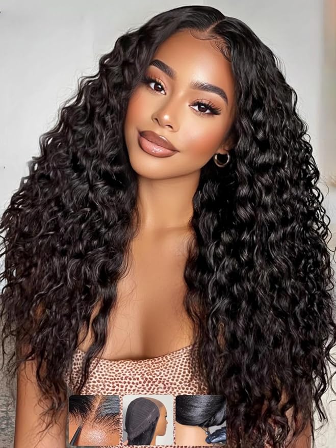 KLAIYI Bye Bye Slip™ Water Wave 7X5 Precut Lace Front Human Hair Wig Drawstring Glueless 3S Ready to Wear and Go Wig with Baby Hair Pre Plucked Bleached Bye Bye Knots Curly Wig 180%Density Full 14Inch