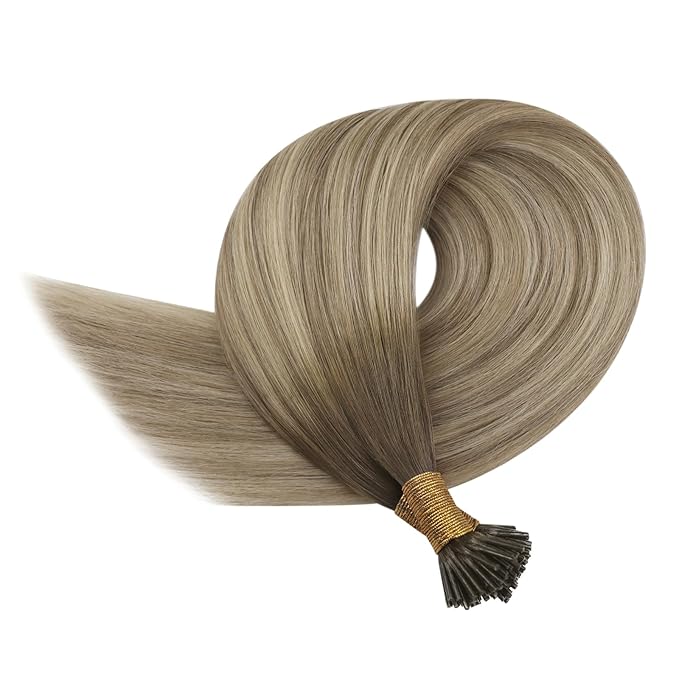 YoungSee Itip Hair Extensions Real Human Hair Ombre I Tip Hair Extensions Balayage Dark Brown to Brown with Blonde Itip Human Hair Extension Short Hair Extension 14In 50g 80s