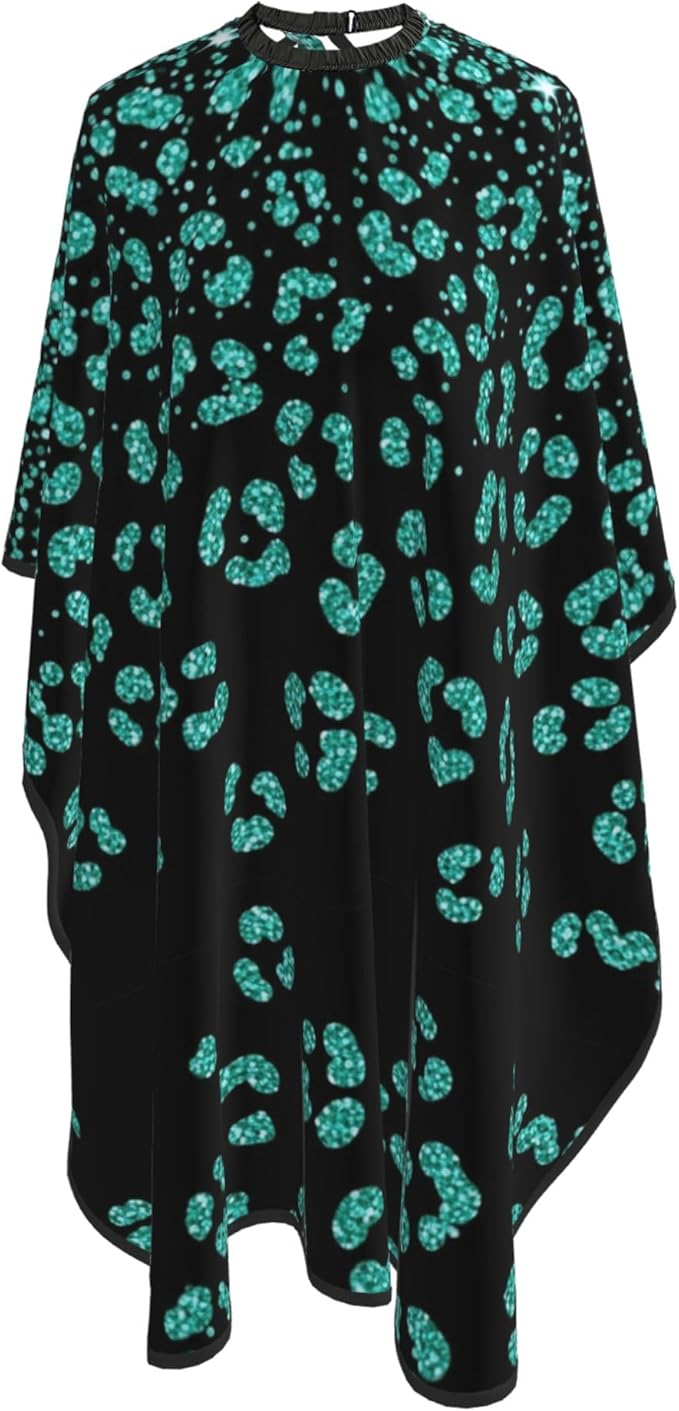 Hairdresser Cape Turquoise Green Glitter Cheetah Leopard Print Black Hair Cutting Gown, Large Long Haircut Apron for Hair Cutting Styling, Haircut Tools