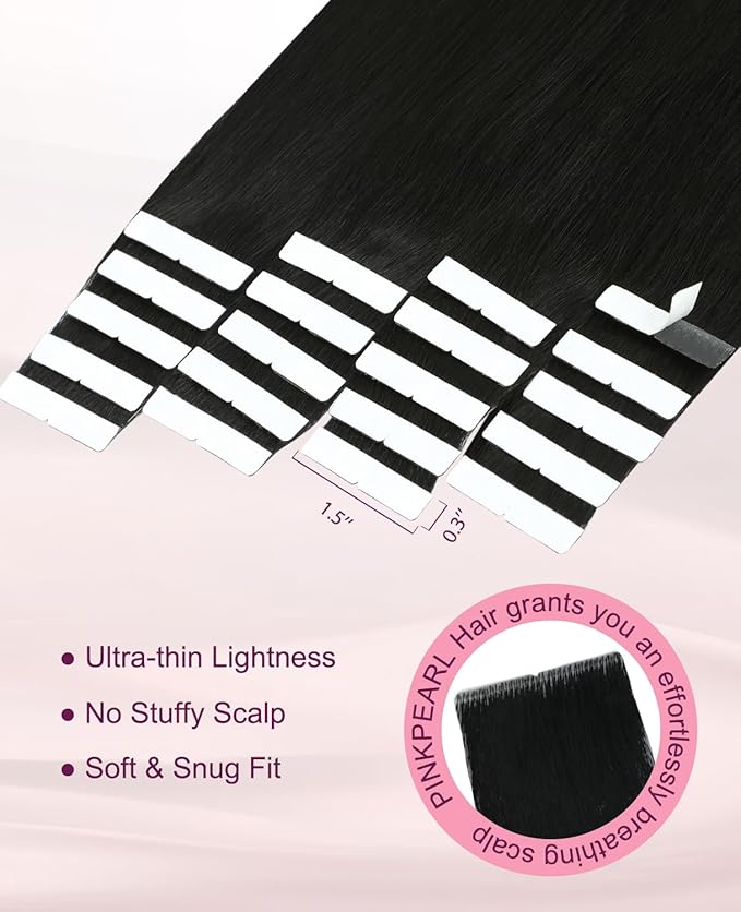 Pinkpearl Invisible Tape in Hair Extensions Human Hair, 20pcs 16inch 45g #1B Natural Black Injection Tape in Extensions Real Remy Straight Seamless Silky Human Hair Injected