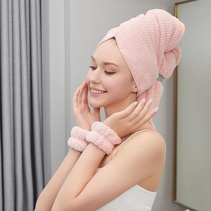 Women Microfiber Hair Towel Wrap with Elastic Strap,Super Absorbent Anti Frizz Drying Turban for Curly, Long,Wet Hair-Pink