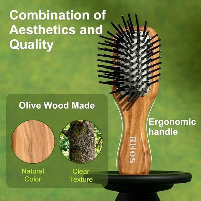RHOS Mini Hair Brush for Women,Men and Kids-Travel Size Hair Brush for Purse,Pocket,backpack-Small Cushion Paddle Brush with Soft Bristles-Mini Detangler Brush for All Hair Types(1 Pack-Olive Wood)