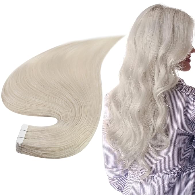 Full Shine Tape in Hair Extensions 12Inch Seamless Tape in Extensions Color 1000 White Blonde Soft Remy Skin Weft Invisible Human Hair Extension for Women 20 Pcs 30 Gram Natural