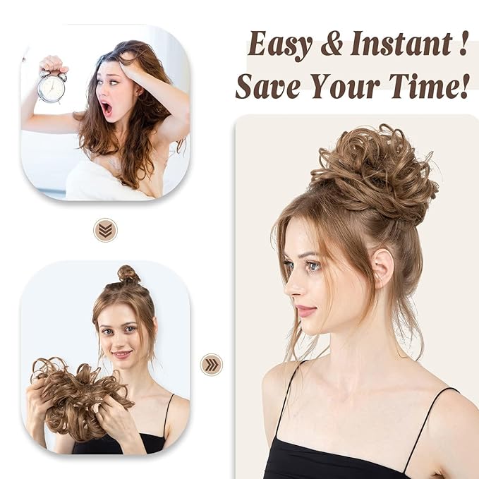 CJL HAIR Large Messy Bun Hair Piece Wavy Curly Scrunchies Synthetic Chignon Ponytail Hair Extensions Thick Updo Hairpieces for Women Dark Grey