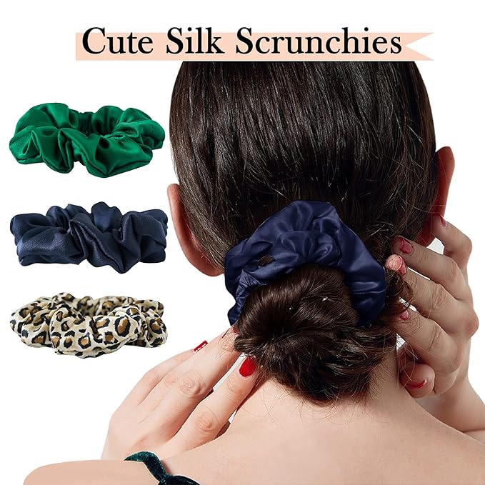 Silk Scrunchies For Hair, 3 Pack, 100% Mulberry Silk Hair Ties, 19 Momme, Natural Silk Elastic Hair Bands For Women And Girls'Hair Designed to Be Soft And Less Pulling (Emerald, Leopard,Navy Blue)