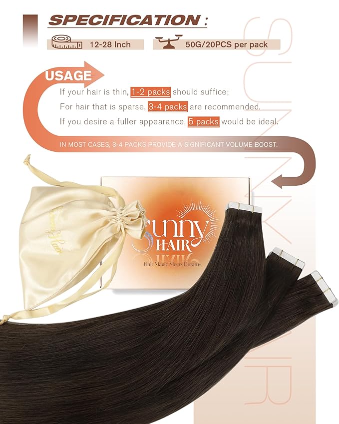 Sunny Hair Tape in Hair Extensions,Dark Brown Tape in Hair Extensions Human Hair Invisible Remy Human Hair Tape in Extensions 22 inch 20Pcs