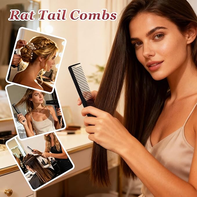2Pcs Hair Combs for Women and Men，Combs for Hair Stylist, Professional Black Carbon Fiber Teasing Comb，Fine and Wide Tooth Barber Comb for All Hair Types（Style 1）