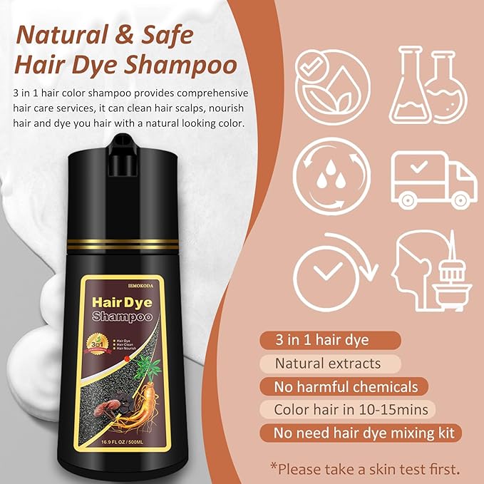 Dark Brown Hair Dye Shampoo 3 in 1, Natural Hair Color Dye for Men & Women, Shampoo Para Canas, Long-Lasting Effect for 100% Gray Hair Coverage Brown Hair Dye 16.9 Fl Oz (Dark brown)