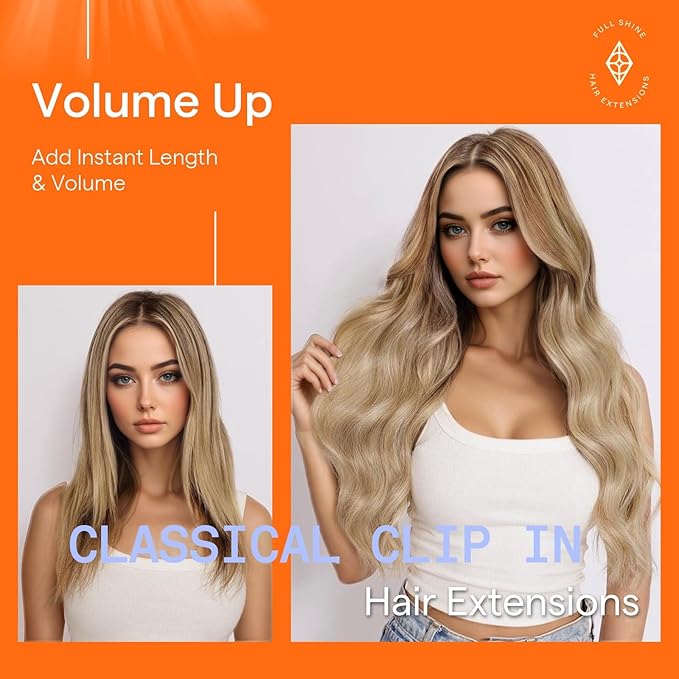 Full Shine Clip in Hair Extensions Human Hair Clip in Extensions Balayage Golden Brown to Golden Blonde Highlight Blonde Double Weft Invisible Straight Hair Extensions for Women 12 Inch 7 Pcs 95 G