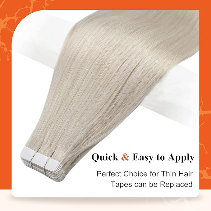 Full Shine Tape in Hair Extensions 20 Inch Color 1000 White Blonde Hair Extensions Real Human Hair Double Sided Tape ins Adhesive 20Pcs 50Grams Long Straight Natural