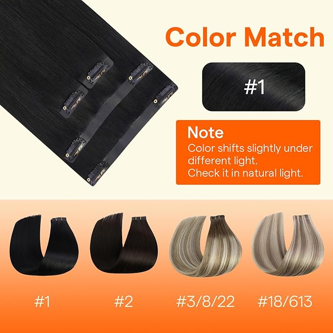 Full Shine Seamless Clip in Hair Extensions, 12Inch Thinning Hair Extensions Fill Ins, Black Clip in Hair Extensions Remy Human Hair for Women, Add Thickness Color1 4PCS 55g