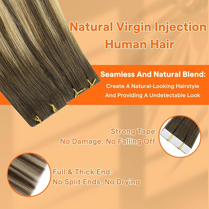 Full Shine Invisible Injection Tape in Hair Extensions Human Hair Medium Brown to Honey Blonde Machine Remy Real Hair Extensions 22Inch Injected Tape in Hair Extentions 10 Pcs 25G