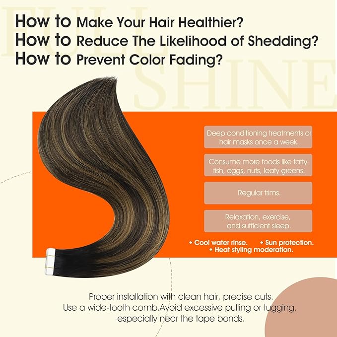 Full Shine Hair Extensions Tape in Color 1B Off Black Ombre 6 Brown And Black Tape in Hair Extensions Human Hair 18 Inch Remy Human Extension 50Gram Double Sided Tapes Add Length 20Pcs Soft