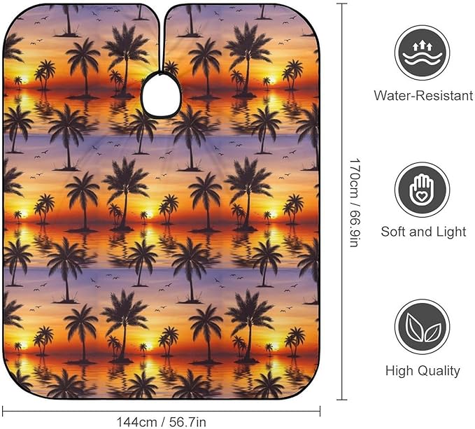 Men Tropical Sunset Coconut Palm Tree Salon Gown Cape, Full Coverage Haircut Hairdressing Cloth Apron for Hairstylists, Barber Aceessories