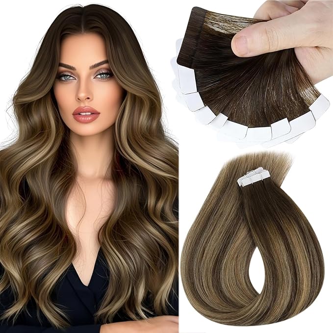 Sunny Hair Tape in Hair Extensions Real Human Hair Invisible Remy Hair Extensions Tape ins for Women Dark Brown Ombre Caramel Blonde Balayage 16 inch 25G