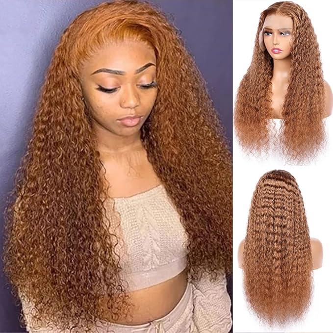 Brown Deep Curly Wave Human Hair Lace Front Wigs with Baby Hair for Black Women Pre Plucked 180% Density Brazilian Virgin Hair HD Transparent Lace Frontal Wig 16 Inch