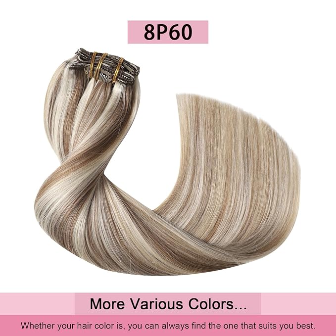 Pro2.0 Clip in Hair Extensions Real Human Hair 120g Thick 7pcs Color #8p60 Brown Highlights Platinum Blonde Remy Real Human Hair Extensions Clip ins 14inch Double Weft（#8p60-14inch）