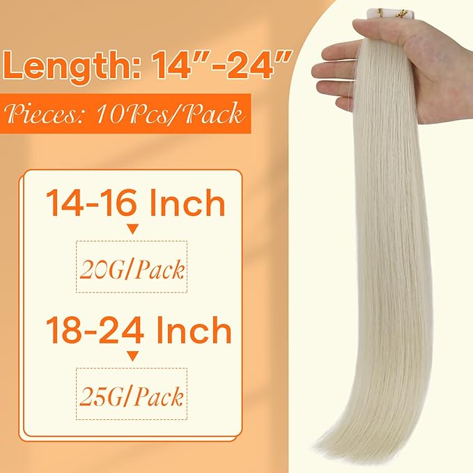 Full Shine Virgin Injected Tape in Hair Extensions Real Human Hair 18Inch Color 1000 Ice Blonde Double Sided Machine Remy Human Hair Extensions Tape in 10Pcs Straight Seamless Skin Weft 25G for Party