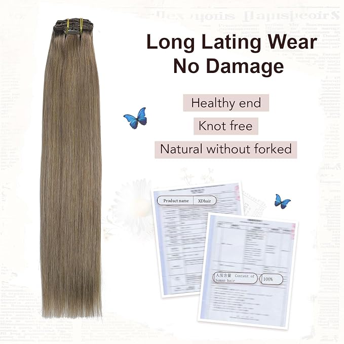 XDhair Clip in Hair Extensions Real Human Hair 100g 6pcs 16Inch Ash Brown Clip in Remy Hair Extensions for Women (#8,16Inch)