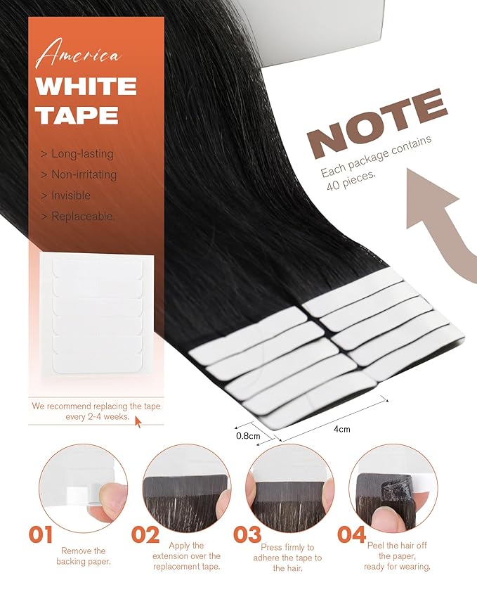 Sunny Hair Tape in Hair Extensions Human Hair 28inch Hair Extensions Real Human Hair Tape in Extensions for Women Jet Black Invisible Remy Hair Natural Straight Skin Weft Double Sided Tape 40pcs 100g