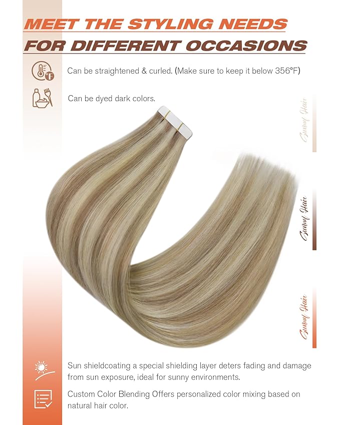 Sunny Hair Tape in Hair Extensions Real Human Hair Invisible Remy Hair Extensions Tape ins for Women Lightest Brown Highlight Platinum Blonde 20 inch 20Pcs 50G