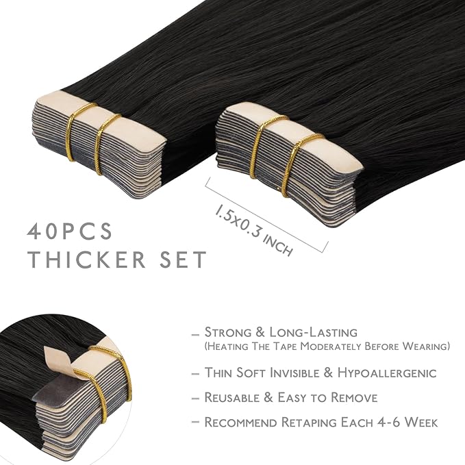 Wennalife Tape in Hair Extensions Human Hair, 40pcs 60g 10 inch Natural Black Real Straight Invisible Reusable