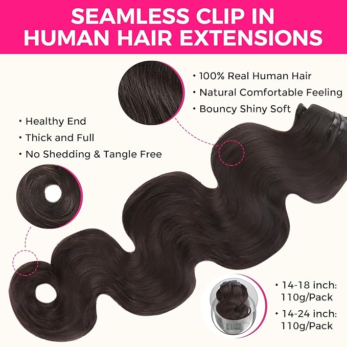 Lashey Seamless Clip in Hair Extensions Human Hair #2 Dark Brown Body Wave Clip in, Real Human Hair 7pcs 110g 24 Inch PU Weft Natural for Women