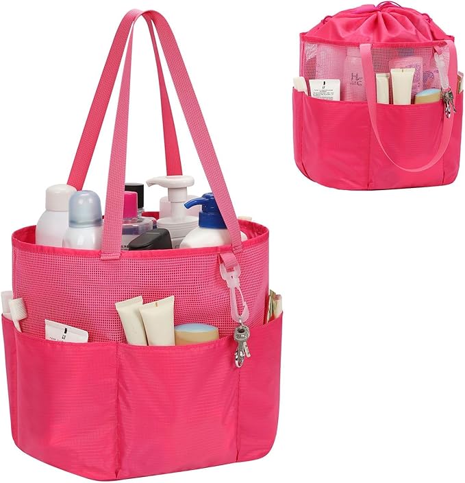 Mesh Shower Caddy Portable, Travel Toiletry Bag for Women Men, Large Capacity Shower Bag Quick Dry Bathroom Bag for Dorm, Gym, Bathroom, Camping, Beach, Swimming, Traveling, Rose Red