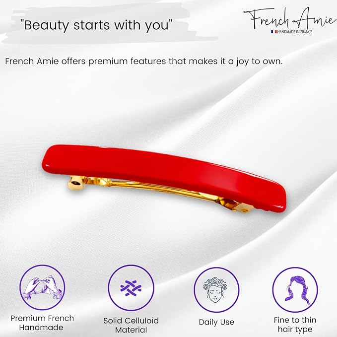 French Amie Rectangular Handmade Small Hair Barrette 2 1/4 Inch with Metal Clasp, Cellulose Acetate Hair Clip Grip for Women & Girls, Strong Hold for Fine Hair, Bangs, and Half-Up Styling (Red)