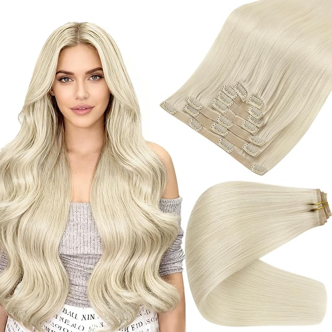 Full Shine Clip in Hair Extensions Real Human Hair Blonde Seamless Hair Extensions Clip in Ice Blonde Invisible Hair Extension for Short 12 Inch 8 PCS 95 G