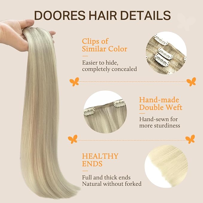 DOORES Human Hair Extensions Clip in Balayage Ash Blonde Highlighted Platinum Blonde 120g 7pcs 22 Inch Real Natural Thick Silky Hair