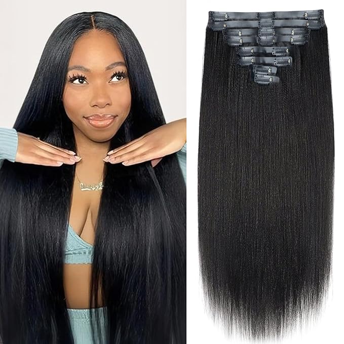Seamless PU Yaki Straight Clip in Hair Extensions Real Human Hair For Women Invisible Yaki Straight Clip ins (20inch,#1B)
