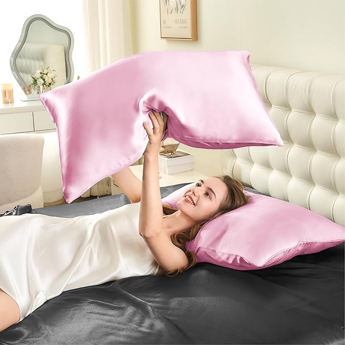 INFIIXSO Mulberry Silk Pillowcase for Hair and Skin, Silk Pillow Cases Queen Size Set of 2 with Hidden Zipper 20"x30", Ultra Smooth and Soft Cooling Pillow Cases for Hot Sleepers(Pink, 2 Pack)