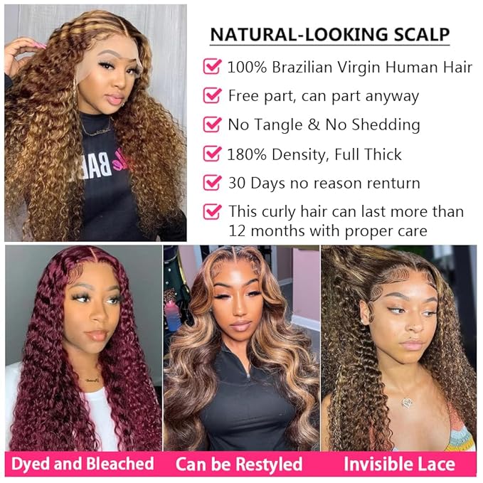 bangjazz 22 Inch Highlight Ombre Lace Front Wig Human Hair Deep Wave 13x4 HD Lace Frontal Wigs Human Hair 180% Density P4/27 Colored Curly Wigs for Women Human Hair Glueless Pre Plucked Wig