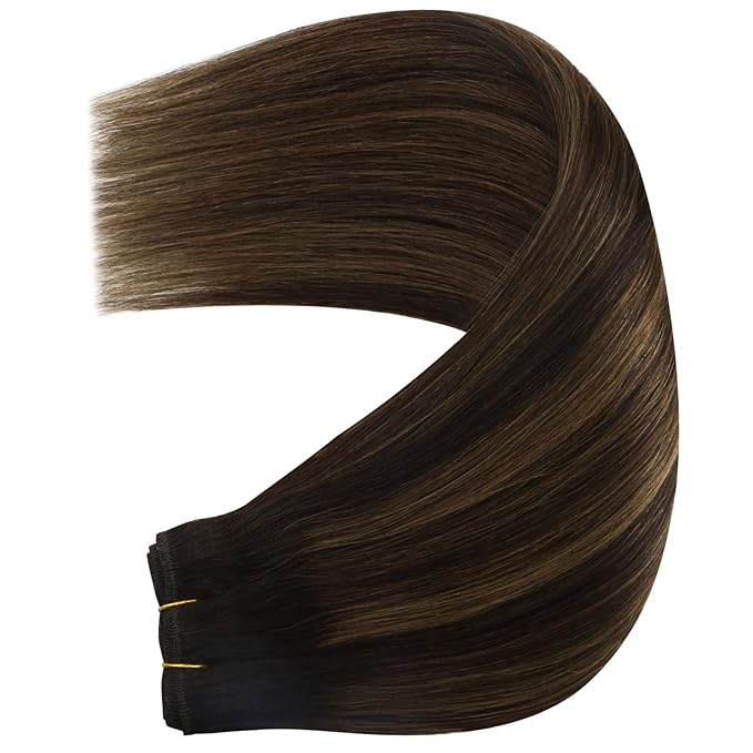 YoungSee Human Hair Sew in Extensions Brown Balayage Real Human Hair Weft Extensions Darkest with Medium Brown Balayage Sew in Hair Extensions Long Straight Hair 100G 22Inch