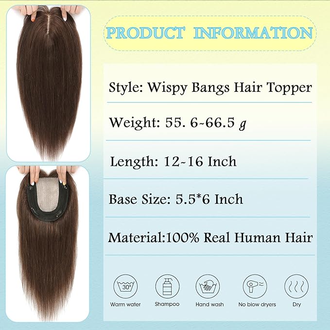 Hair Toppers for Women Real Human Hair, 360° 3D Toppers Pieces for Women with Thinning Crown Wispy Bangs 14 Inch Upgrade Big Basement (Mocha Brown, 14 Inch Wispy Bangs)