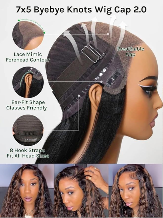 KLAIYI Golden Brown Water Wave Bye Bye Knots Glueless Wig Human Hair Highlight 7x5 Precut Lace Front Pre Plucked Bleached Ombre 3S Ready to Wear Go Beginners Wig with Dark Roots Deep Curly Wave 22Inch