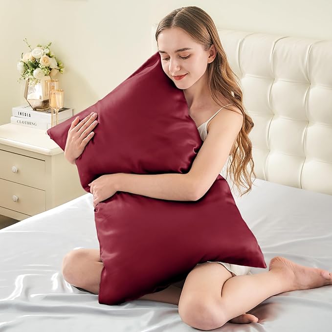 INFIIXSO Mulberry Silk Pillowcase for Hair and Skin, Silk Pillow Cases Queen Size with Hidden Zipper 20x30 Inches, Super Smooth and Soft Cooling Pillow Cases for Hot Sleepers(Burgundy, 1 Pack)