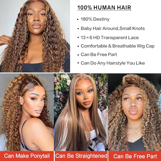 Highlight Ombre 13x6 Lace Front Wig Human Hair Deep Wave Honey Blonde Glueless HD Transparent Lace Frontal Wigs for Women 180 Density Human Hair (highlight ombre deep wave, 26 inch)