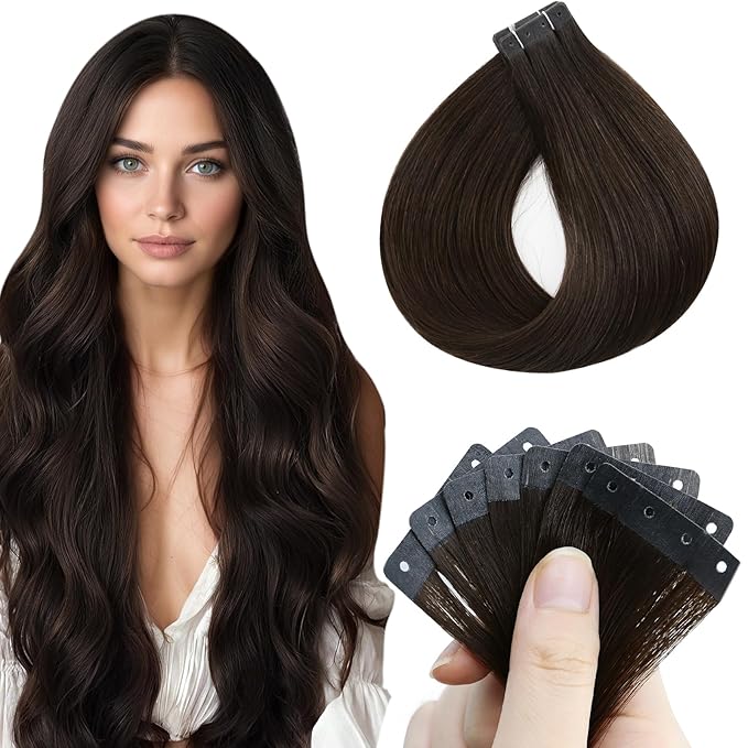 Full Shine Human Hair Tape in Extensions 18Inch 20PCS Color Dark Brown 50G Brown Hair Extensions Tape Extensions Human Hair Versatile As Tape in Straight No Glue No Clips Soft Remy Holed